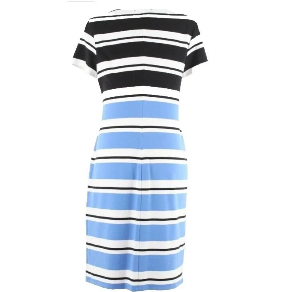 Jones New York Sz L Black Blue White Stripe Polyester Blend Dress - Picture 2 of 6